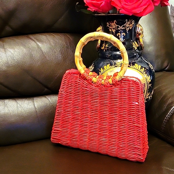 Zara Rattan City Bag Round Handles Fake Bamboo Removable Chain Crossbody Red - Picture 2 of 11